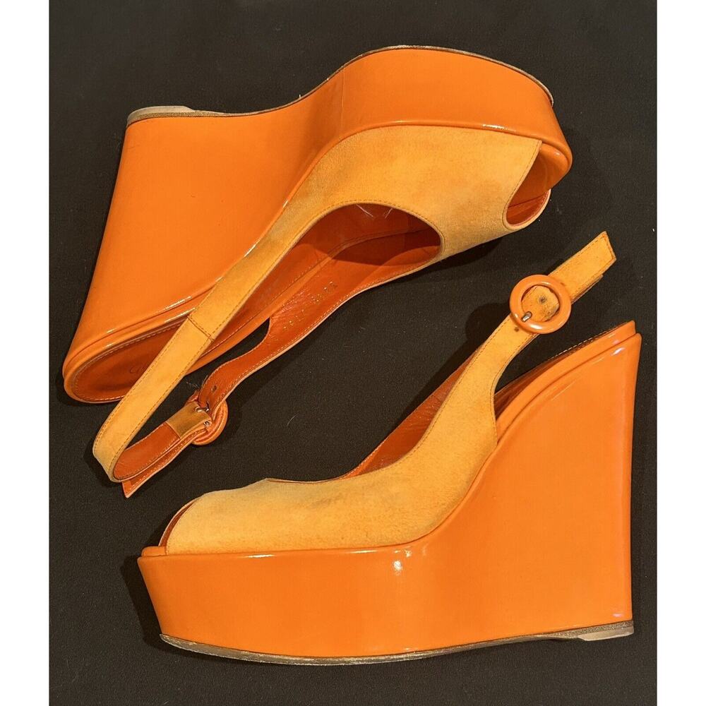 Gianvito Rossi Women's Orange Platform Peep-Toe Wedges size 37 - Picture 3 of 8